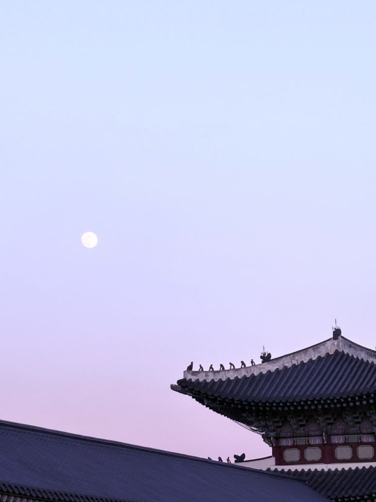 full moon at dusk above gyeonbokgung palace gate in Seoul