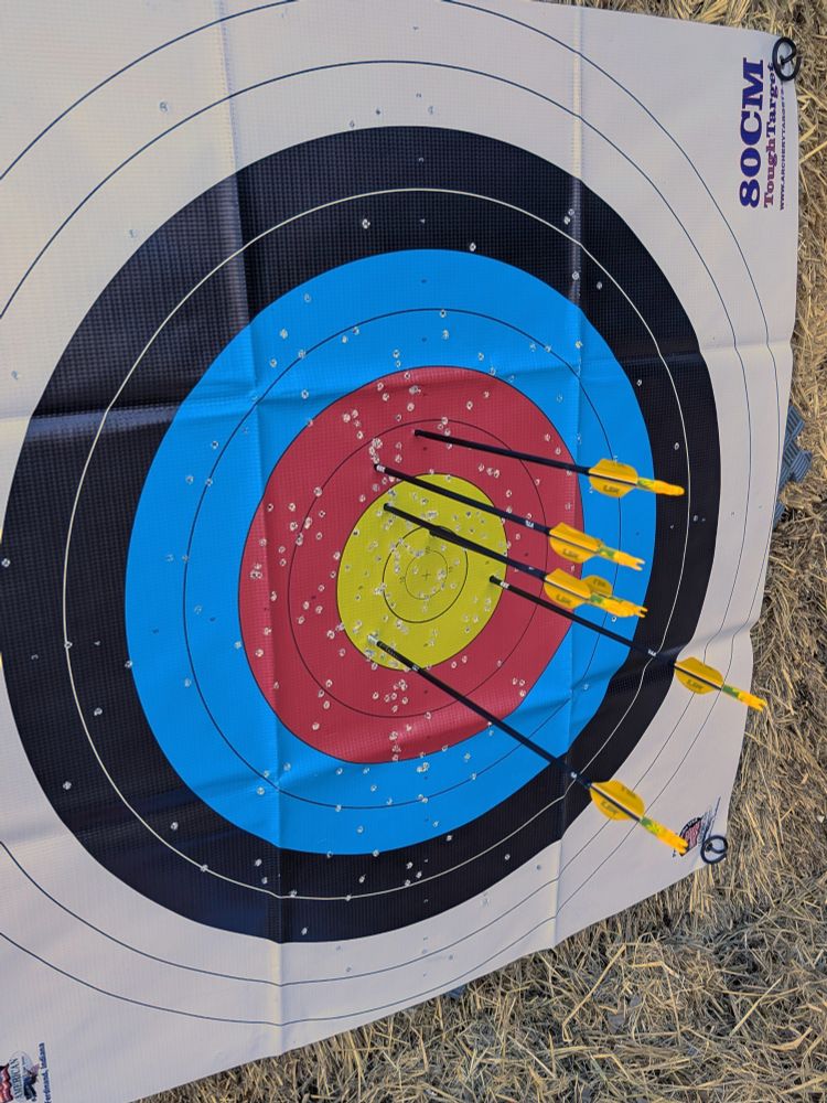 Photo of an archery target with six Easton X10 arrows in it. The target face is a World Archery 10-ring 80cm face. There is one arrow in the inner 10 ring, three in the 9, and two in the 8. The arrows have yellow vanes and yellow-orange nocks.