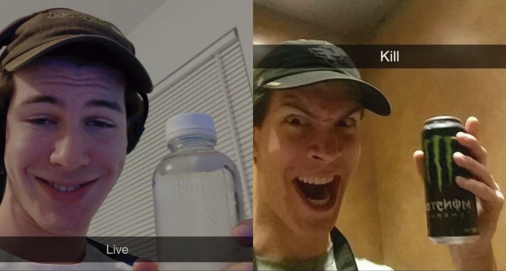 A photo of a calm-looking guy holding a water bottle captioned "live". Next to it is a photo of the same guy, but this time with a violent expression, holding a can of Monster, captioned "Kill"