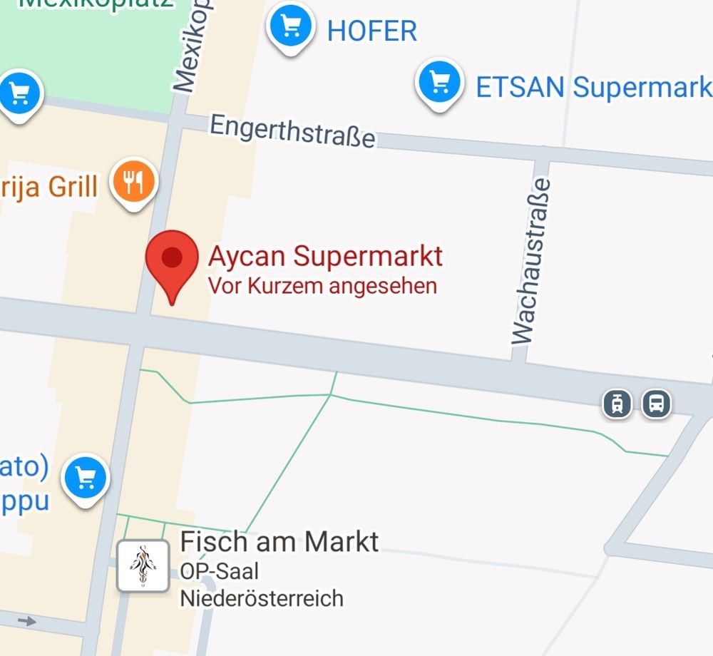 Screenshot aus Google Maps in Wien. Aycan Supermarkt Vorgartenstraße Ecke Ennsgasse