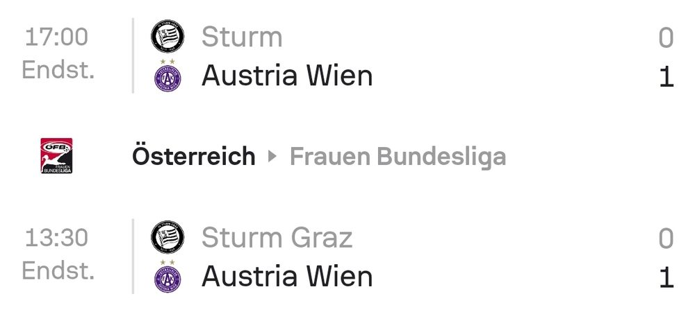 Fußball Ergebnisse von heute.

Oben: Sturm 0 - Austria Wien 1 (gemeint: Männer)
Unten: Sturm 0 - Austria Wien 1 (gemeint: Frauen)