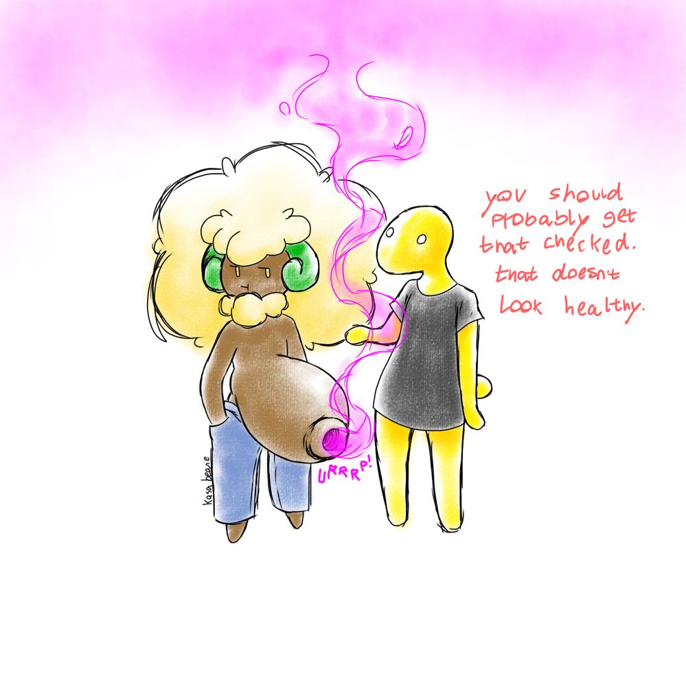 An anthropomorphic Whimsicott in blue pyjamas trousers, topless, letting their bloated belly sag over their short legs. Their navel is large and gaping, ejecting pink gas with a noise akin to a belch.
Next to them is an anthropomorphic Evolotto in a black t-shirt, telling them that they should probably get checked out by a doctor.