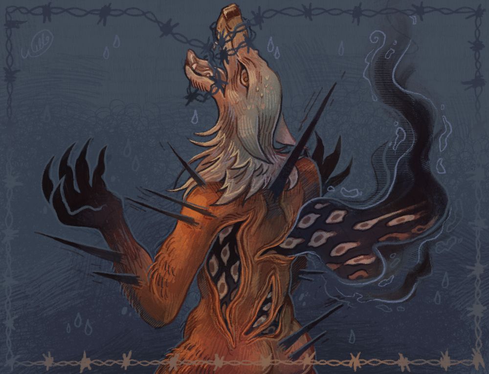 Digital drawing of a canine's head on a human body, which has spikes emerging and open wounds that reveal repeating eyes and smoke. There is a barbed wire border around the image which becomes tangled in and around the dog's mouth.