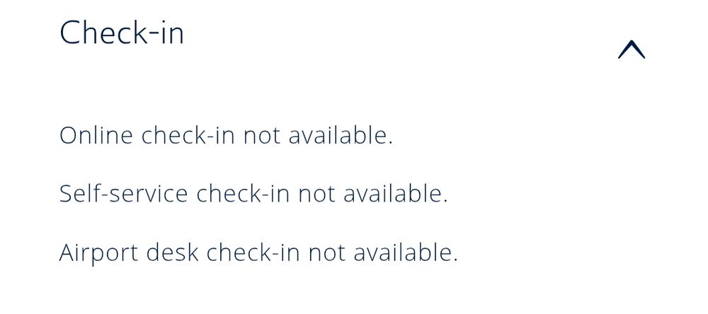 A screenshot of the "check-in" section of British Airway's booking management site. It reads:

Online check-in not available.
Self-service check-in not available.
Airport desk check-in not available.