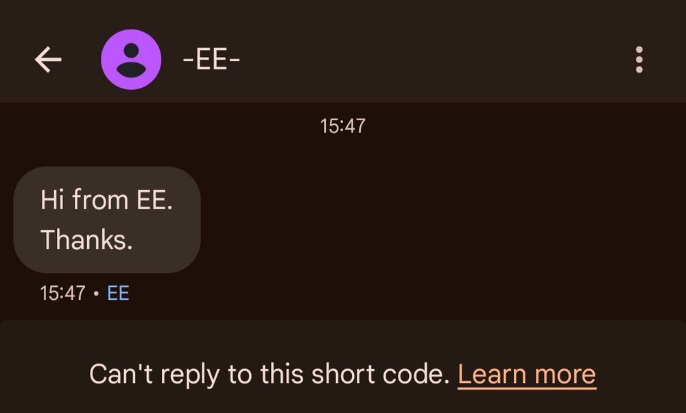A screenshot of an SMS sent from EE, that reads "Hi from EE.
Thanks."
