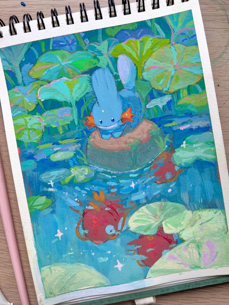 a gouache painting of the pokemon mudkip standing in a rock in a pond, surrounded by lilypads. It curiously looks down at the magikarps swimming in the water. The colours are mainly blued and greens. 