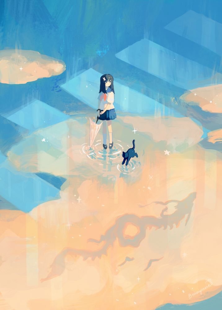 An illustration depicting a young girl in a school uniform holding an umbrella looking up at the sky and a black cat on a rainy crosswalk. They are standing on a puddle that is reflecting the orange hued sky where the silhouette of a flying chinese dragon can be seen