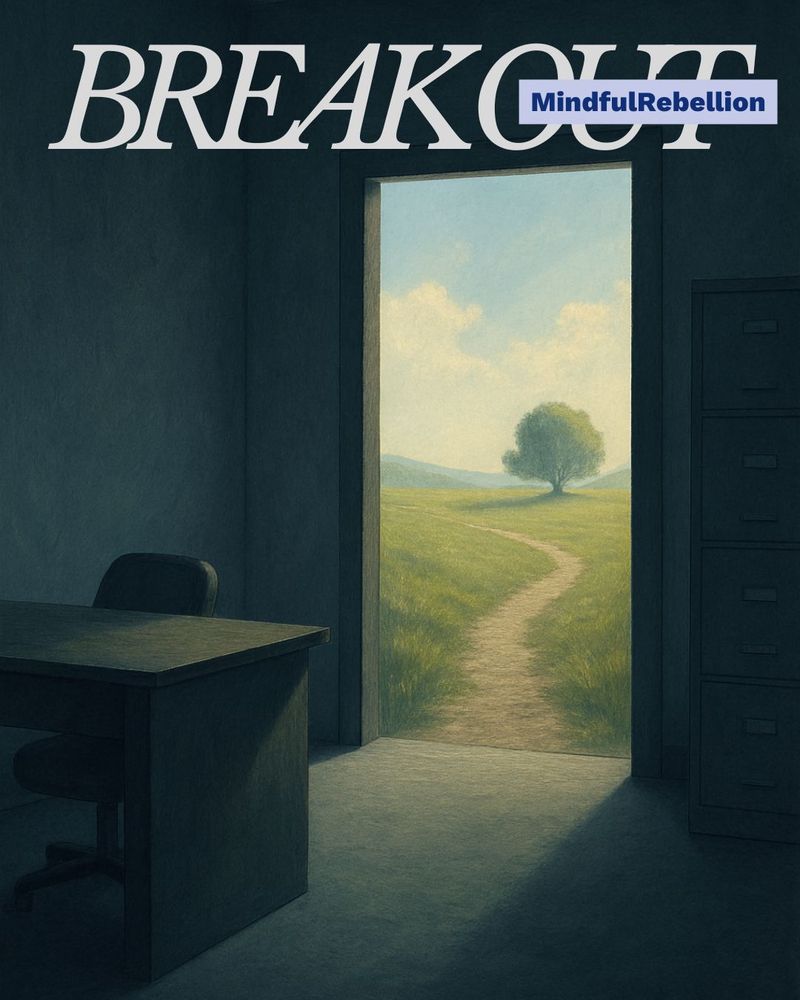 Artistic rendering of a gray office with a doorway opening to a bright open landscape, symbolizing freedom and clarity. Text reads: Breakout. Mindful rebellion.
