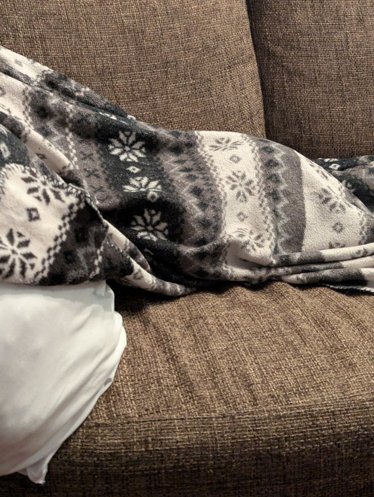 A cat shaped lump under a black and white fleece blanket. She is totally hidden, in her own mind at least.