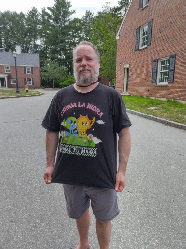 Patrick Freivald with a cheery shirt that says 