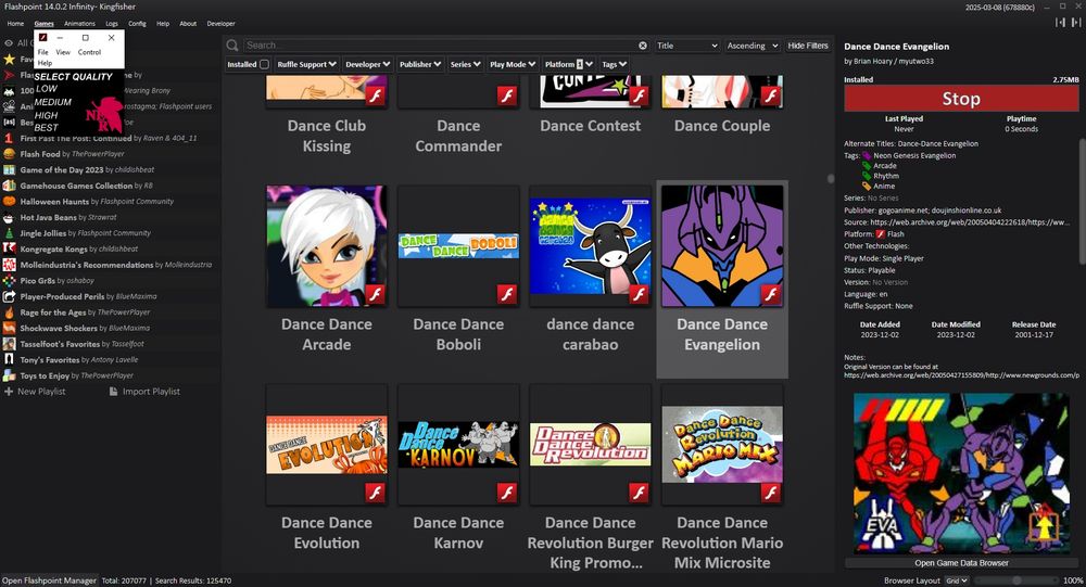 a screen of Flashpoint, the flash game collection. Dance Dance Evangelion is selected and there is a very tiny window in the top right showing it open