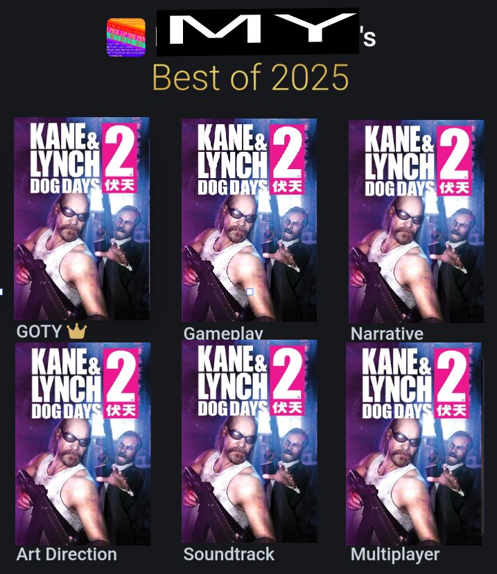 my's best of 2025
GOTY - Kane and Lynch 2 Dog Days
Gameplay - Kane and Lynch 2 Dog Days
Narrrative - Kane and Lynch 2 Dog Days
Art Direction - Kane and Lynch 2 Dog Days
Soundtrack - Kane and Lynch 2 Dog Days
Multiplayer - Kane and Lynch 2 Dog Days