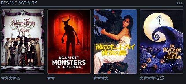 letterboxd recent activity with the following movies/ratings:
Addams Family Values - 4 1/2 stars
Scariest Monsters in America - 2 stars
His Motorcycle, Her Island - 4 stars
The Nightmare Before Christmas - 4 1/2 stars
