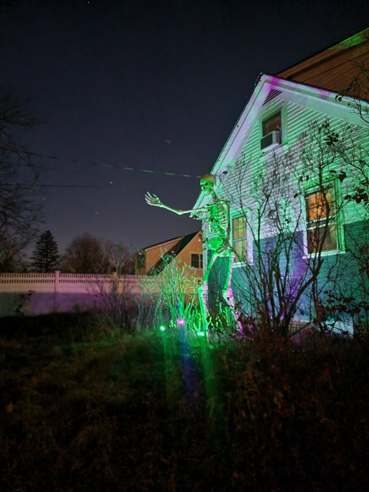 Big skeleton lit by green and purple spots.