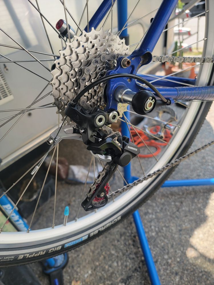 silver 10 speed cassette, blue rear triangle, black mountain bike derailleur, and a quick-release skewer with a ball on the end for hitching up a Burley Coho trailer
