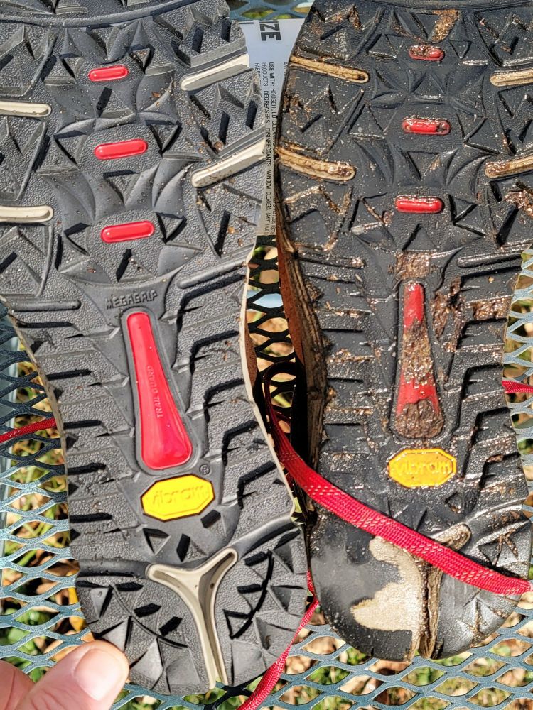 Two shoe soles. Left is brand new, right is worn out.