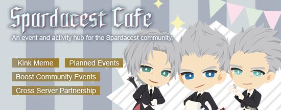 Chibi Dante, Nero, and Vergil from Devil May Cry wearing formal server clothing. Text says "Spardacest Cafe - an event and activity hub for the Spardacest community."
Below that, additional text blurbs say "kink meme", "planned events", "boost community events", "cross server partnership"