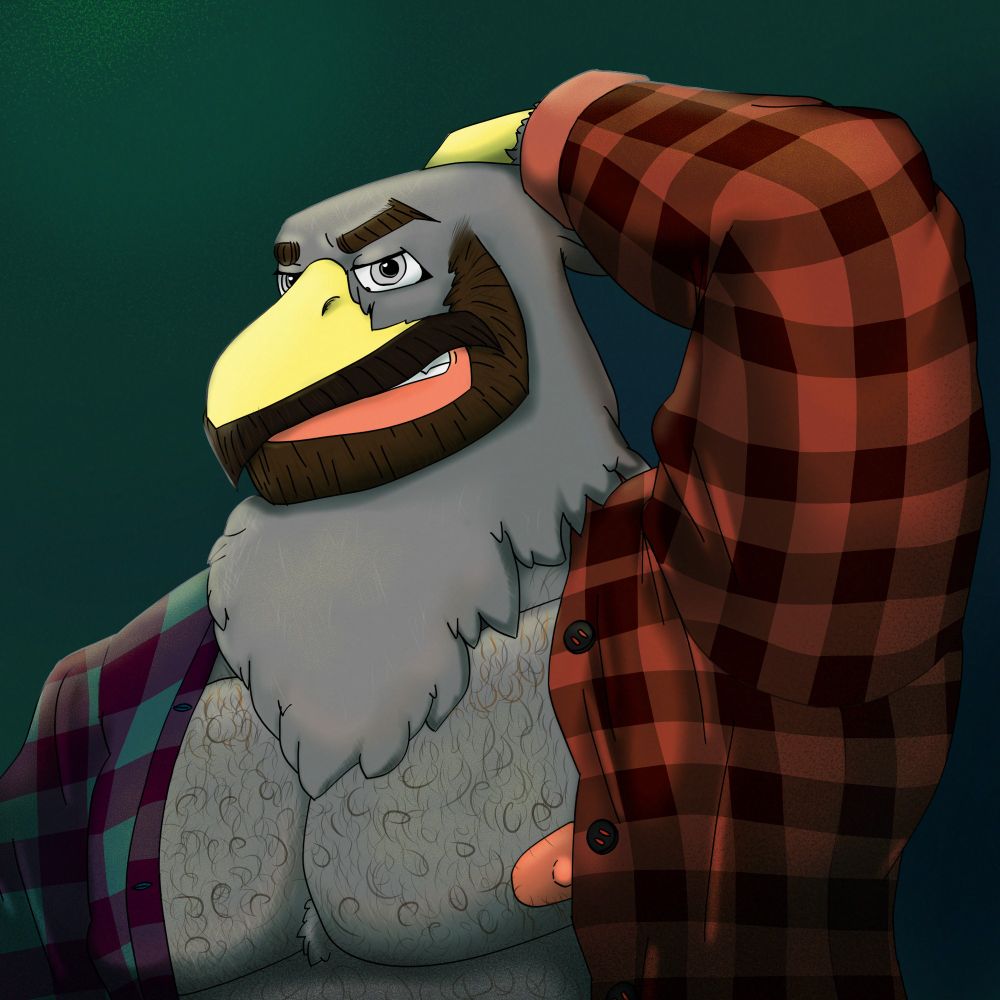 My birdsona Richter, wearing his split colored flannel in a well-lit room