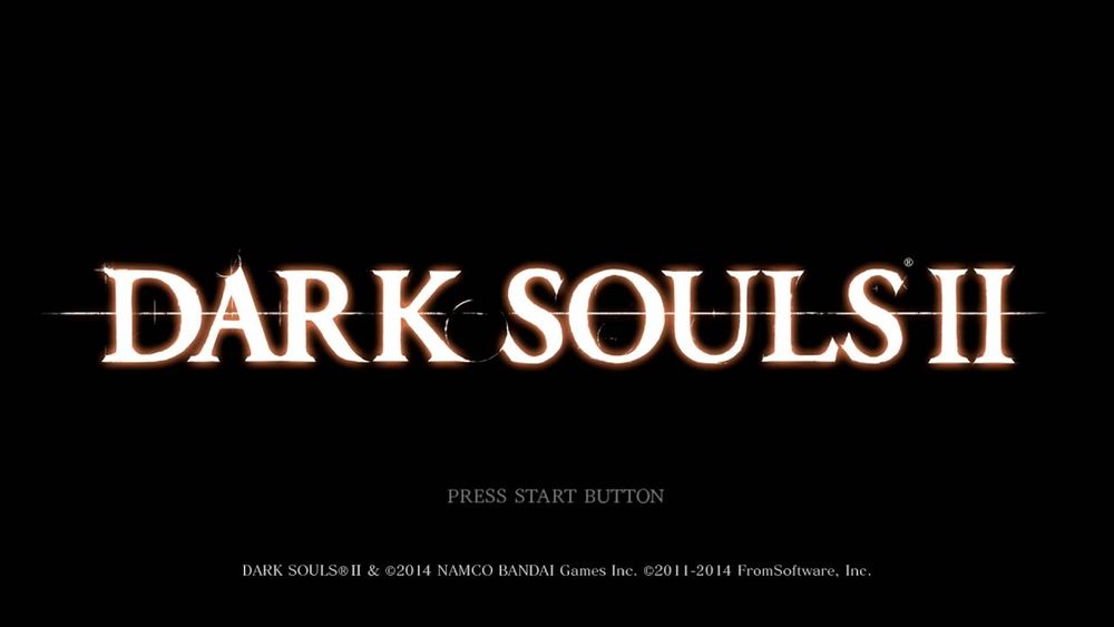 Black screen, white "DARK SOULS II" in capital letters.
Smaller Text below: "PRESS STATT BUTTON".
Some copyright stuff at the lower edge of the screen.