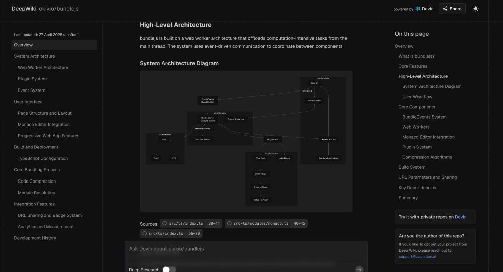 An image of deepwiki analyzing bundlejs