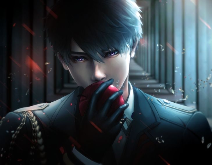 Caleb from Love and Deepspace is wearing his military uniform and the biting into an apple in a dark hallway