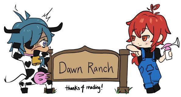 On the left is Kaeya (Genshin Impact) wearing a cow outfit. In the middle is a sign for "Dawn Ranch" with text below reading "thanks 4 reading". To the right is Diluc wearing overalls while holding a breast pump. 