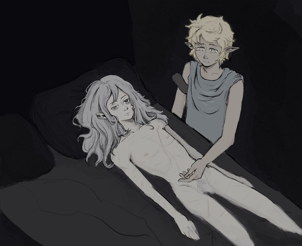 Mithrun and Obrin from Dungeon Meshi. Mithrun is laying down naked while Obrin stands next to the bed stroking him.