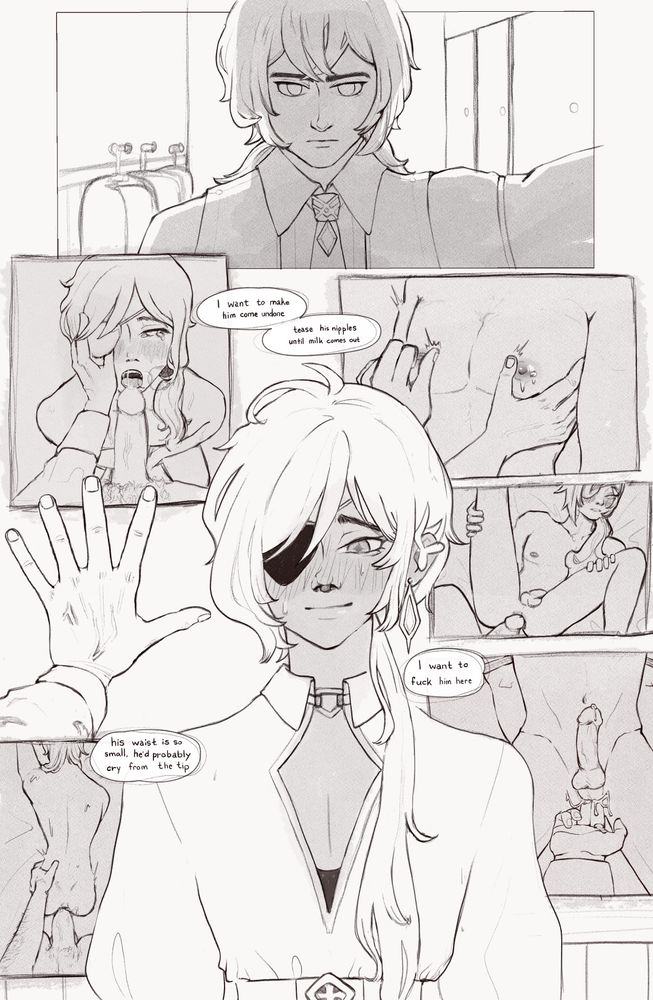 The top panel of the comic is Diluc (Genshin Impact). The bottom half is Kaeya with images of himself in different sexual positions. Clockwise starting from the top right is: 
- Kaeya's nipples being teased by Diluc's hands
- Kaeya in missionary position 
- Kaeya being fingered
- Diluc's pov of having sex with Kaeya doggy style 
- Kaeya giving Diluc a blowjob while Diluc caresses his face

The text from top to bottom is as follow: 
"I want to make him come undone. tease his nipples until milk comes out." 
"I want to fuck him here" 
"his waist is so small, he'd probably cry from the tip" 