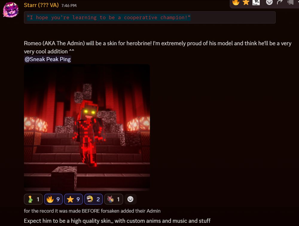 Screenshot of an announcement for Romeo aka the Admin being a skin for Herobrine in the unpcoming asym roblox horror game Run & Roar.