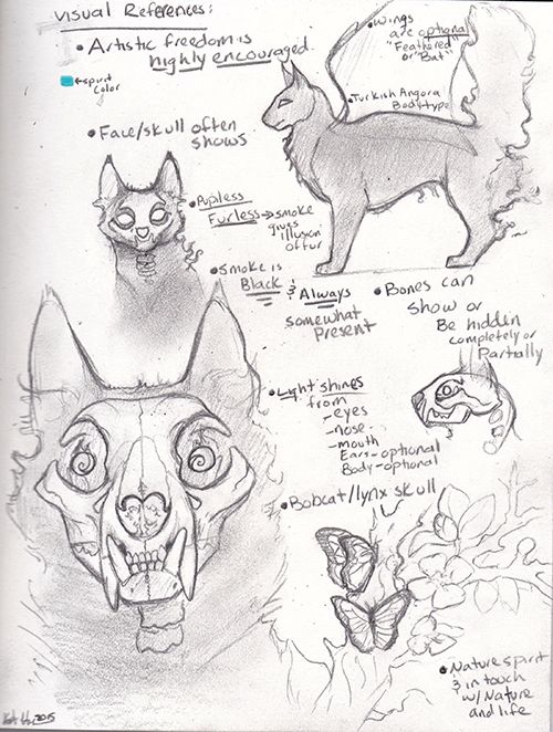 A sketch page of an ethereal skeleton cat. 

Her body is made of the broken bones of an abused animal that was possessed by a nature spirit. She is essentially a skeleton surrounded by an energy that manifests in a smoke like appearance and can even become solid.