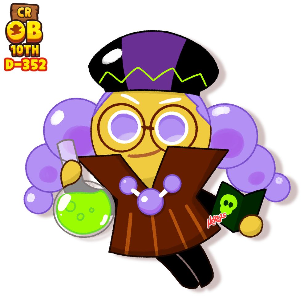 Character from Cookie Run series, Alchemist Cookie. Holding her flask and book.