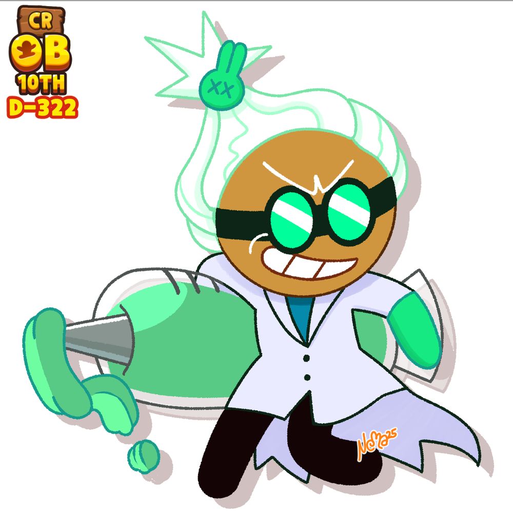Character from the series Cookie Run, Dr. Wasabi Cookie. Showing a big grin and holding her wasabi dispenser that's in the shape of a frosting bag.