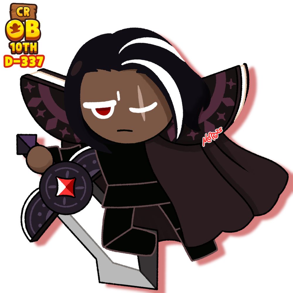 Character from the series Cookie Run, Dark Choco Cookie. Moving forward and wielding his Strawberry Jam sword.