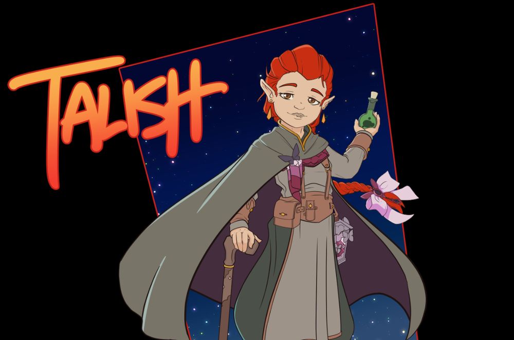 A red-haired gnome thaumaturge in a light-greygreen cloak holds an acid vial while posing for the camera. They have a long red braid with a ribbon and jewelry to tie it whipped behind them while their cloak is blown upwards in the wind. They're holding a wooden swordcane. To their right the character's name is displayed in large handwritten block print.