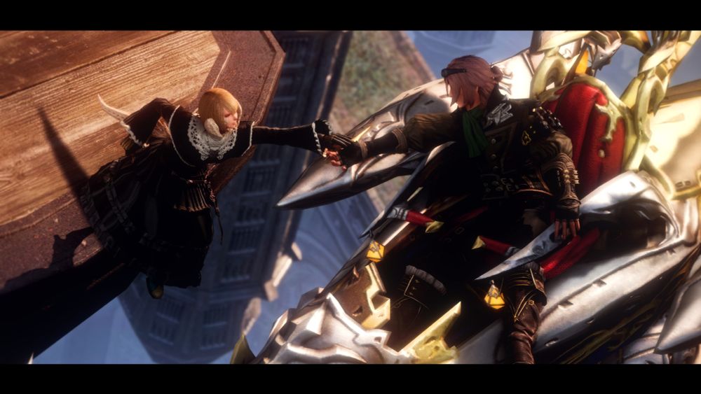 Odysseus (a pink haired Hyur Sky Pirate) reaches out to grab Lemon (a blonde Auri head hunter) from his manacutter in Ishgard. Alt angle 1