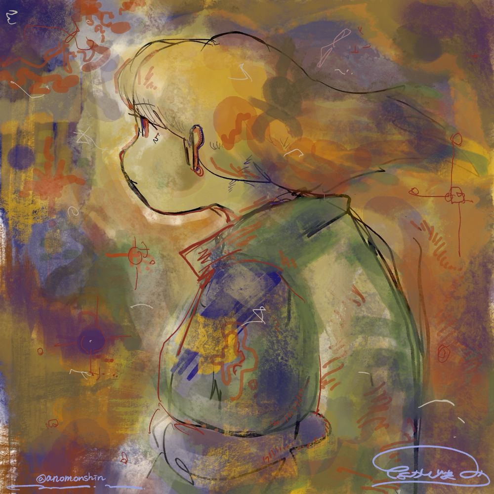 左を向いている人　バストアップイラスト　肩より少し長い髪が後ろに靡いている