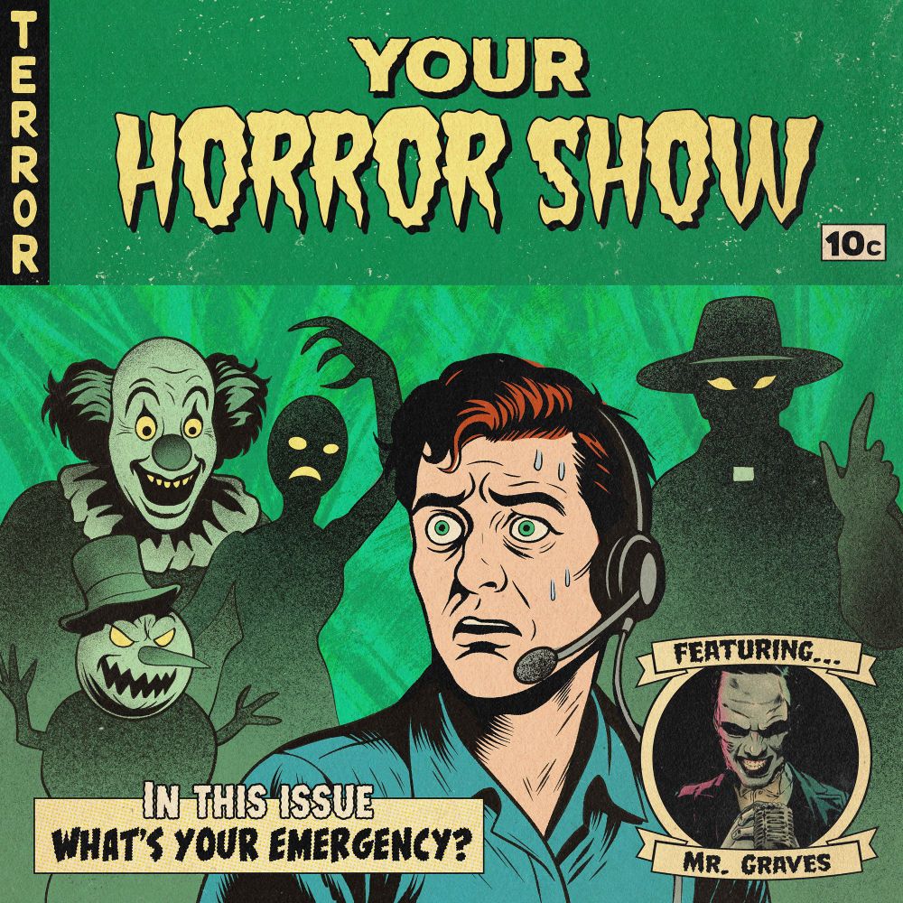 A green background with the title Your Horror Show in horror comic font aka Tales from the Crypt. In the middle a 911 operator sweating with various evil looking entities around him including a clown, snowman, mannequin and preacher. At the bottom right Featuring Mr Graves with a picture of corpse with his hands together on in front of a microphone.  On the bottom left, “In this Issue, “What’s Your Emergency?”