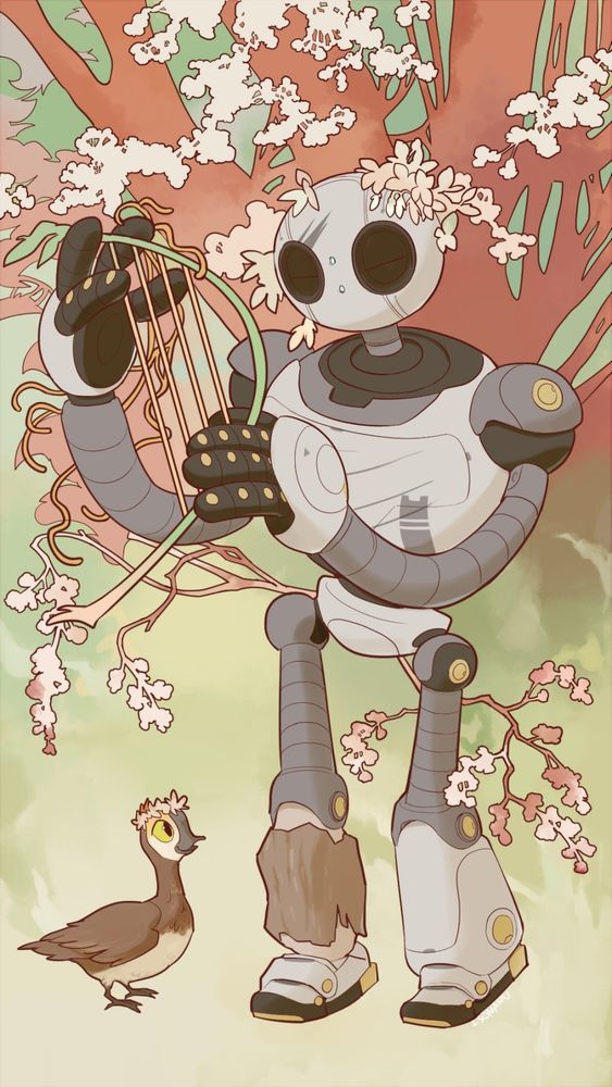 There is a tree behind it and Roz is standing in front of the flowers and playing what looks like a harp. At Roz's feet is Brightbill. Roz and Brightbill are wearing flower crowns.