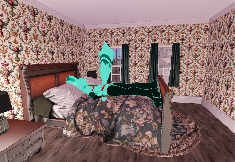 A screenshot of the aforementioned Swivel Mind, comically plopped face-down in a bed, in Second Life