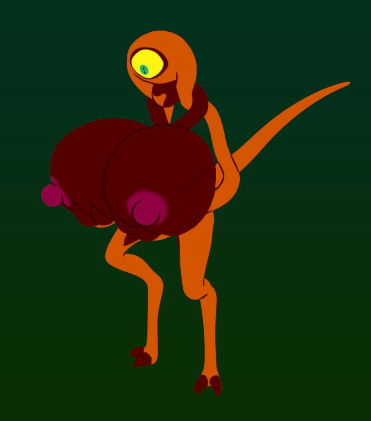 A noodly orange-and-red alien with one worried-looking eye, holding her gargantuan breasts.