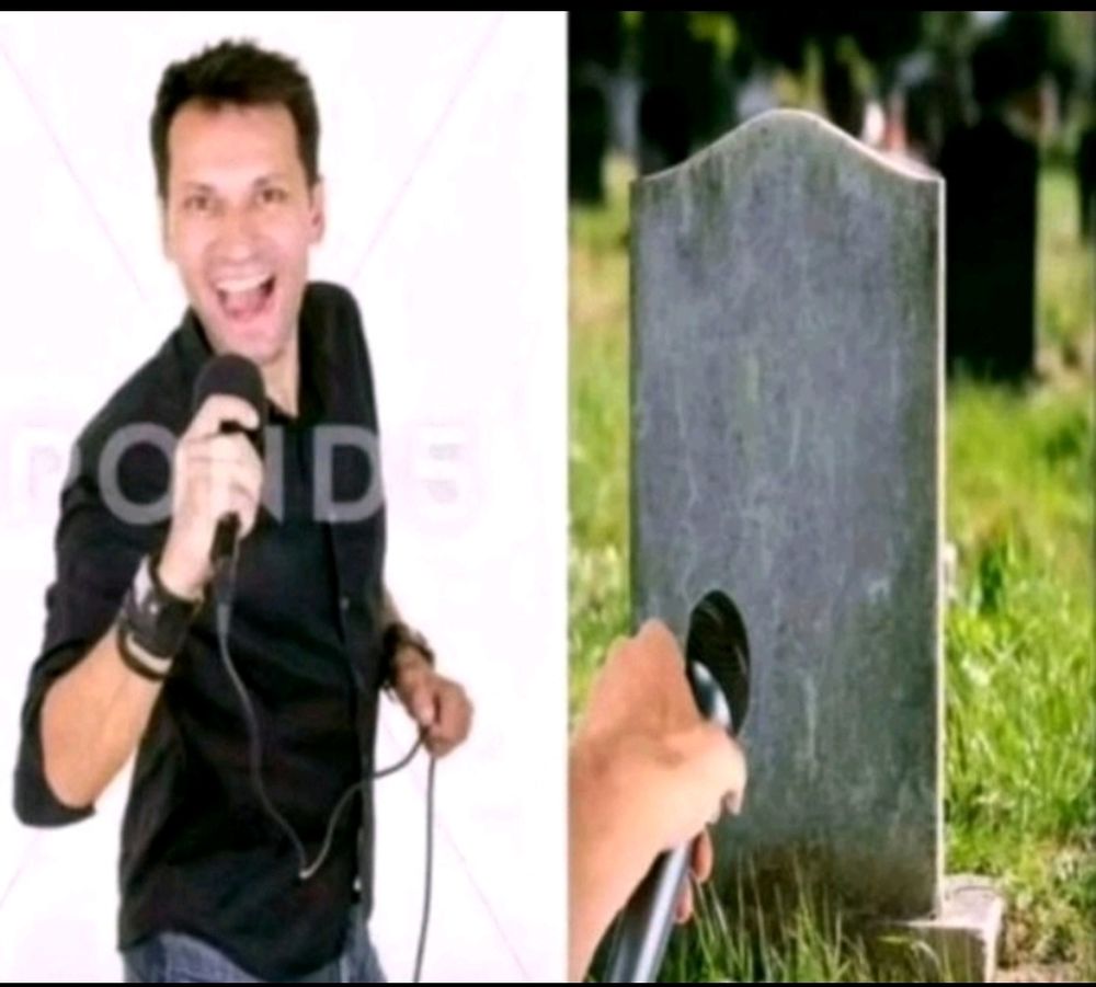 duas imagens. um repórter ou apresentador sorridente e empolgado. na outra imagem, alguém aponta um microfone pra uma lápide 