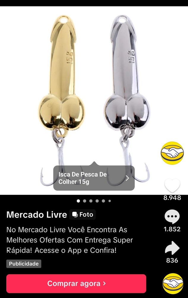 anúncio do mercado livre no tiktok. o produto estampado está descrito como "isca de pesca de colher 15g". parece uma mini piroquinha (tem uma dourada e uma prateada) conectada com um anzol embaixo 