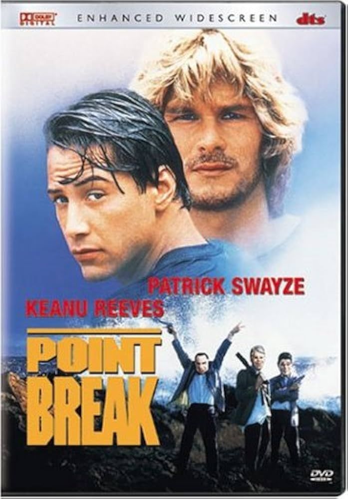 et DVD-forsidebilde foe Point Break med ansiktene til Keanu Reeves og Patrick Swayze i dramatisk collage over bølgesprut