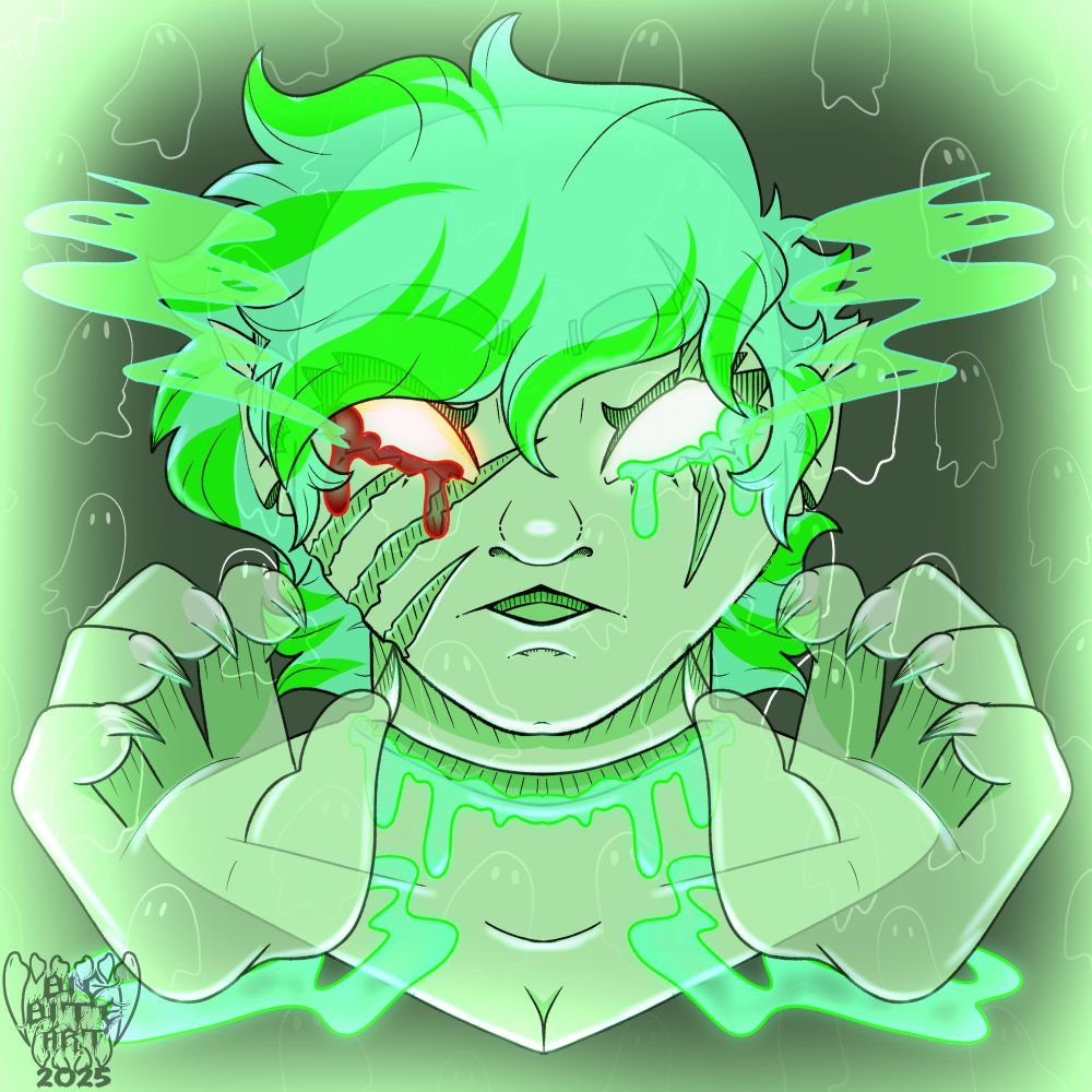Koishi as a ghost with one red bleeding eye and green monochrome