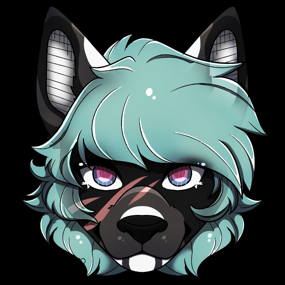 Headshot of a dog furry with blue hair and pink eyes
