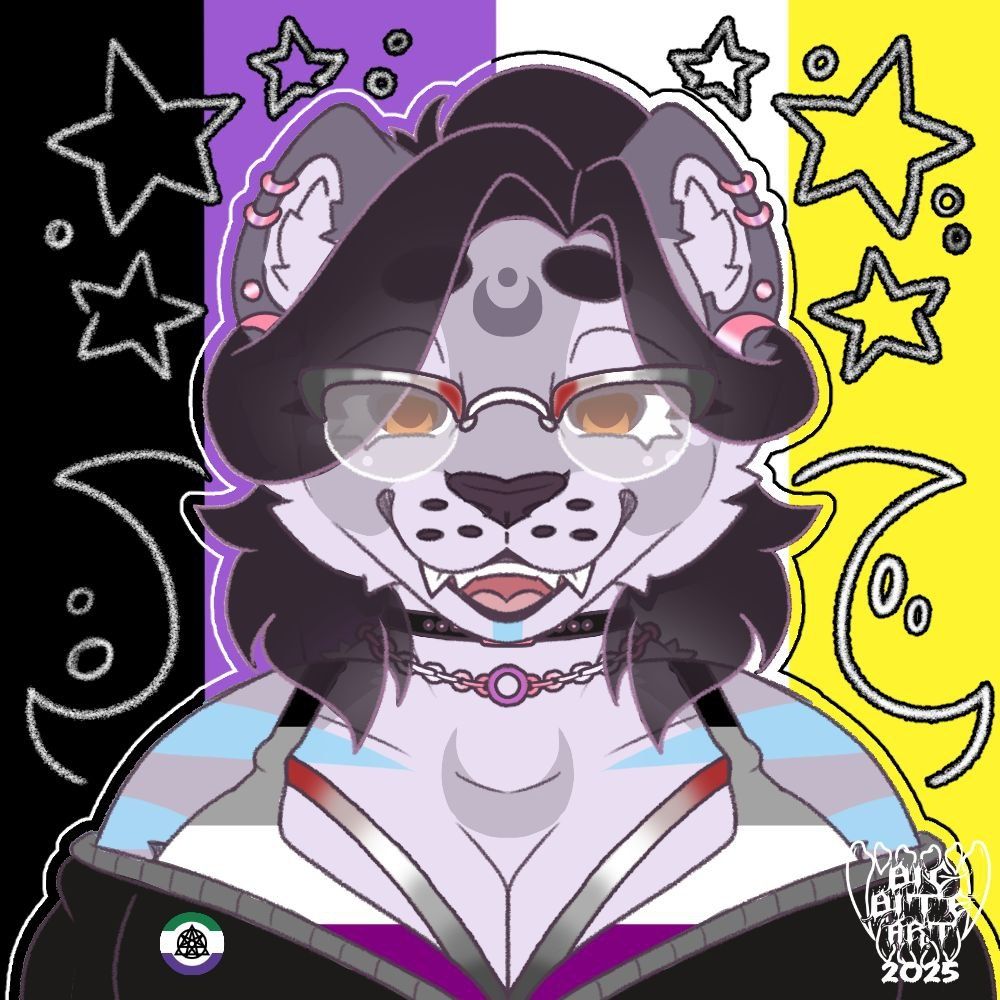 Chilly Bean icon with multiple Pride flags throughout the piece. Nonbinary in the background, therian pin, sapphic jewlery, and rabies accessories. 
