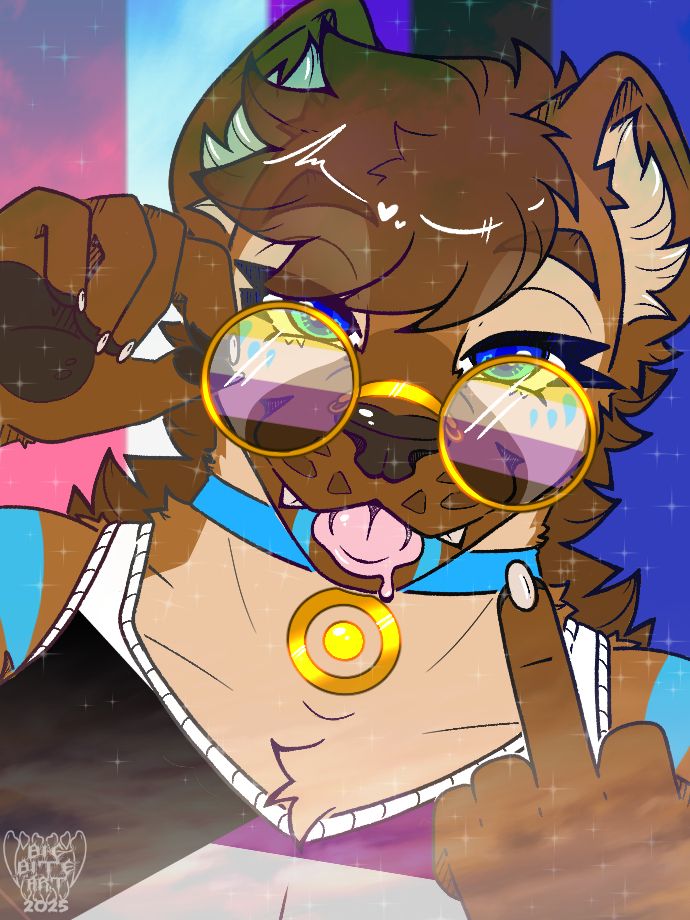 Pride Piece for Sprocket the Hyena with nonbinary glasses, flipping off the camera