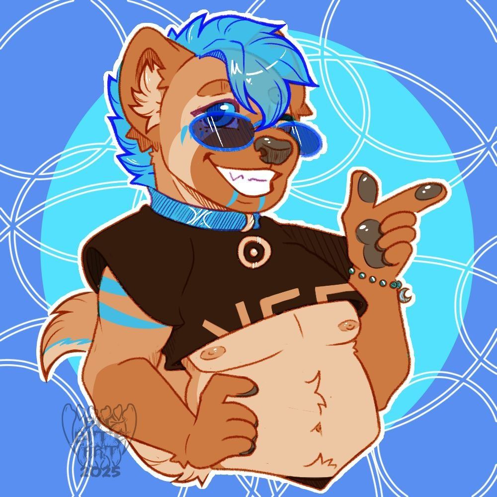 Half body of Sprocket the hyena monochrome with colorful hair and sunglasses. 