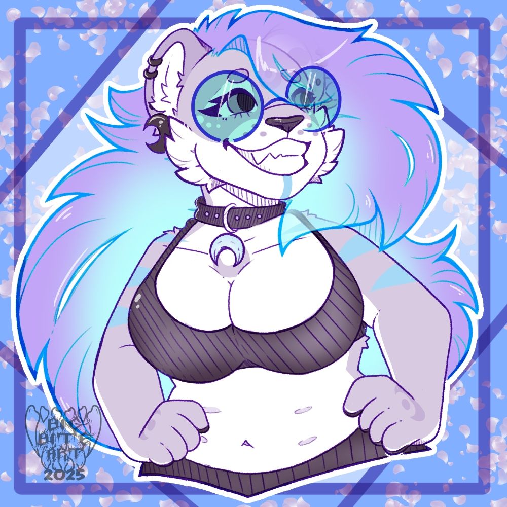 Half body of Chilly Bean the Snow Leopard monochrome with colorful hair and sunglasses. 