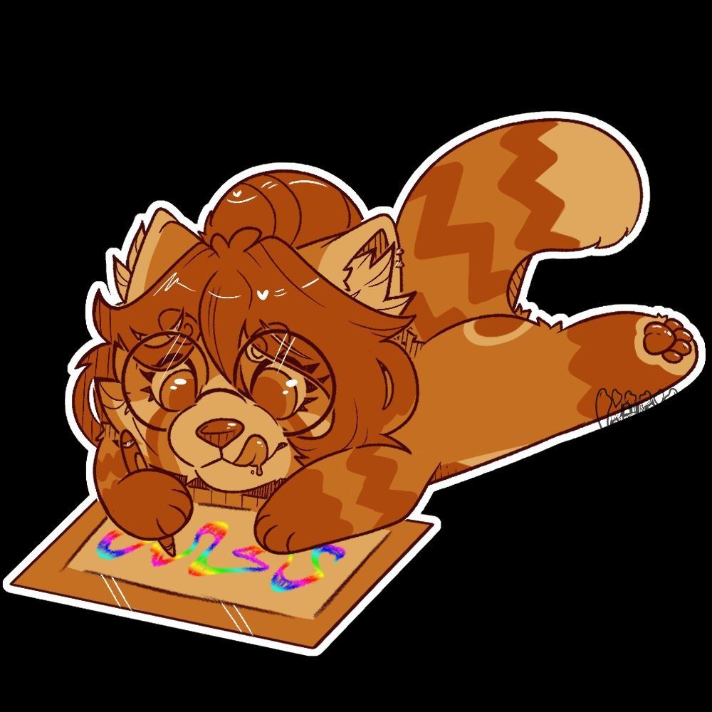 A chibi of Togi laying down and drawing on a mat or tablet